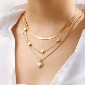 3 Pack Stainless Steel Chain Necklaces with Heart Shaped Charms  Gold Plated